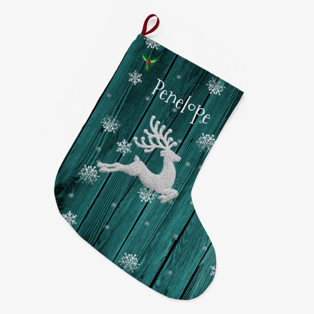 Grande Chaussette De Noël Turquoise Rindeer de Noël rustique (Devant (Accrochage))
