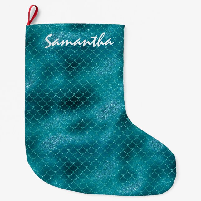 Grande Chaussette De Noël Turquoise Sparkle Mermaid personnalisé (Devant)