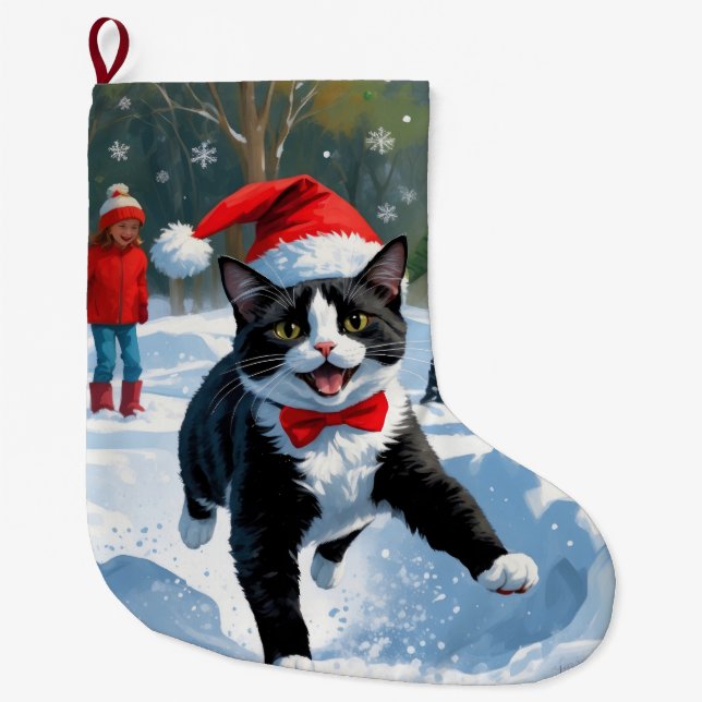 Grande Chaussette De Noël Tuxedo Chat coule en neige avec Casquette de Noël (Devant)
