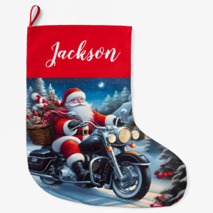 Grande Chaussette De Noël Un Père Noël amusant à cheval sur une moto