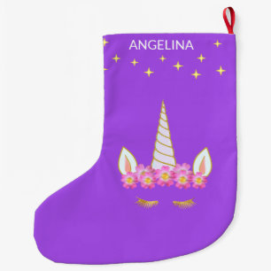 Grande Chaussette De Noël Unicorn Fleurs & Étoiles sur Violet