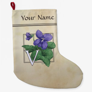 Grande Chaussette De Noël V pour le monogramme violet d'alphabet de fleur