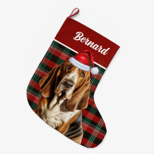 Grande Chaussette De Noël Vacances Basset Hound Festive Plaid avec le nom du