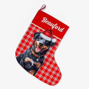 Grande Chaussette De Noël Vacances Beauceron rouge Plaid avec le nom du chie
