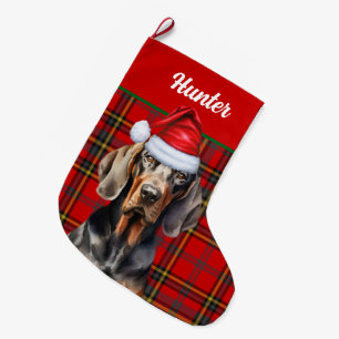 Grande Chaussette De Noël Vacances BT Coonhound Red Green Plaid Dog's Name
