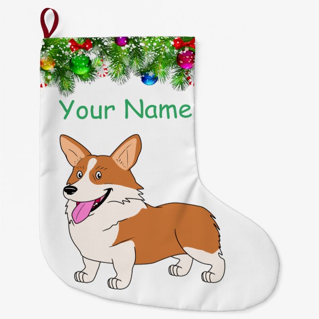 Grande Chaussette De Noël Vacances de sourire de corgi (Devant)