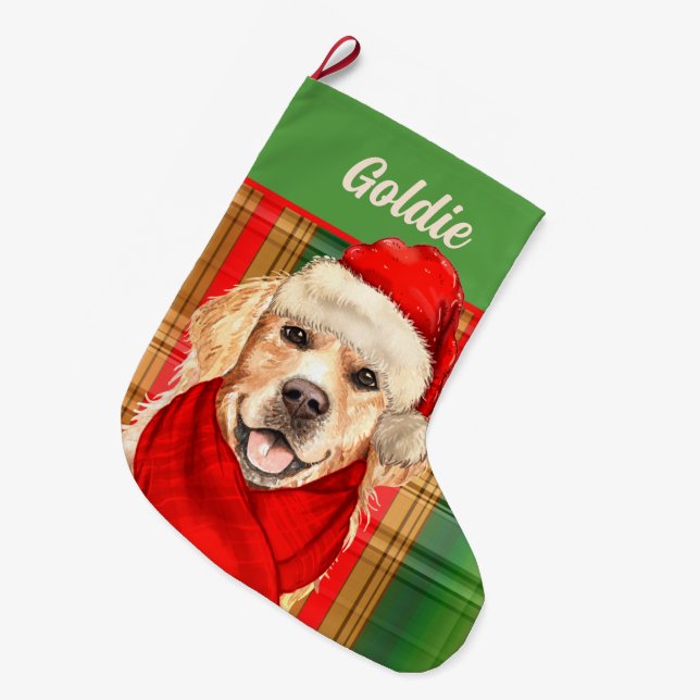 Grande Chaussette De Noël Vacances Golden Retriever et Plaid avec le nom du  (Devant (Accrochage))