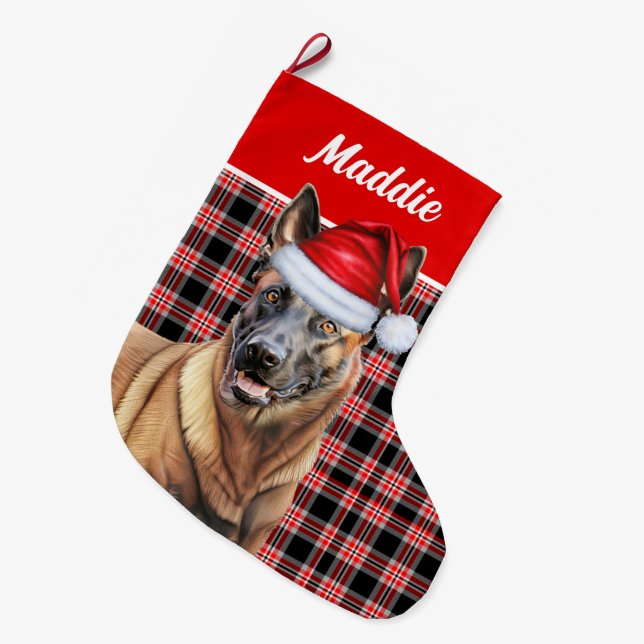 Grande Chaussette De Noël Vacances Rouge Malinois Belge avec le nom du chien (Devant (Accrochage))