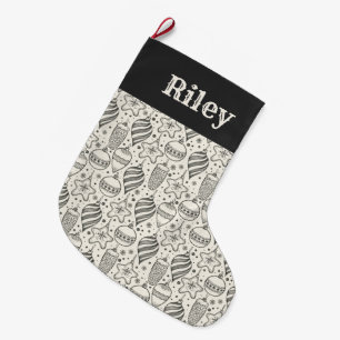 Grande Chaussette De Noël Vacances vintage en noir et ivoire