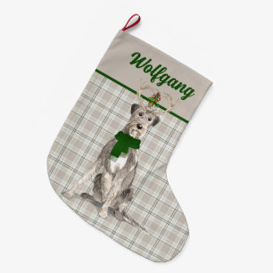 Grande Chaussette De Noël Vacances Wolfhound irlandais et Plaid avec le nom 