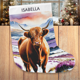 Grande Chaussette De Noël Vache des Highlands Aquarelle Animal