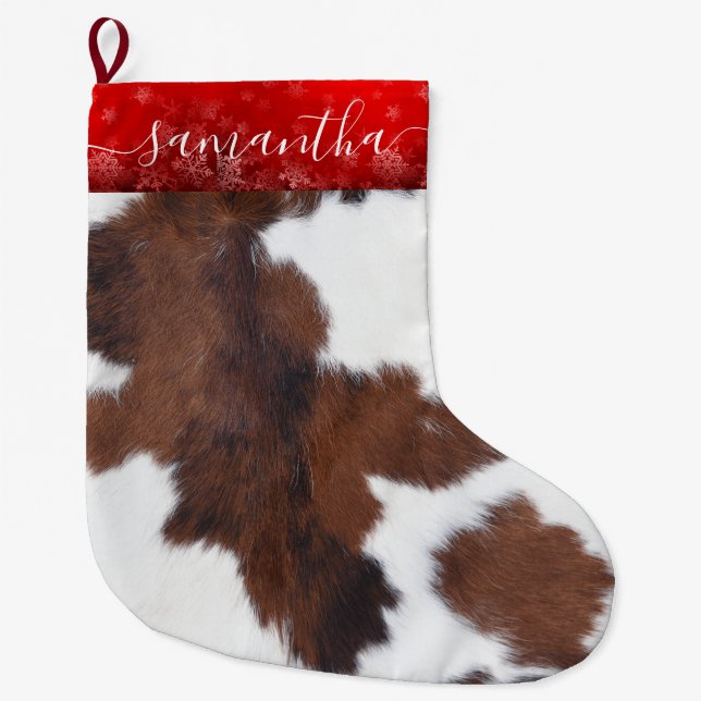 Grande Chaussette De Noël Vache peau brun blanc Noël Stocking (Devant)