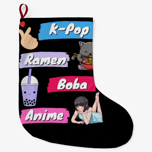 Grande Chaussette De Noël Ventilateur de culture K-Pop, Ramen, Boba et Anime (Devant)