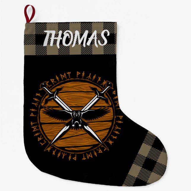 Grande Chaussette De Noël Viking Personnalisé Croisé Épées Runes Tan Noir (Devant)