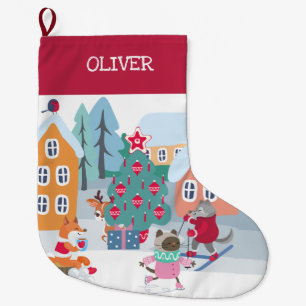 Grande Chaussette De Noël Village de Noël des animaux des bois dans la neig