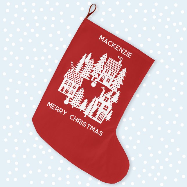 Grande Chaussette De Noël Village de Noël Rouge et Blanc Personnalisé (Christmas Village red and white personalized festive stocking)
