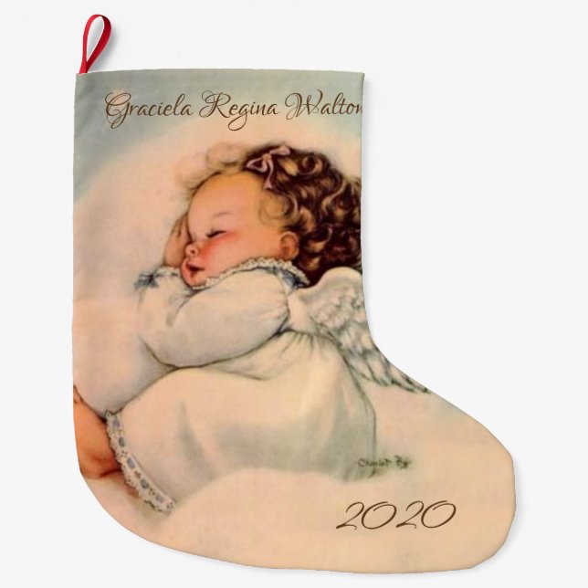 Grande Chaussette De Noël Vintage Ange de bébé religieux qui dort (Devant)