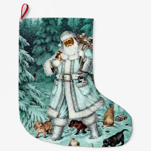 Grande Chaussette De Noël Vintage Aqua Blue Black Père Noël Stocking de No
