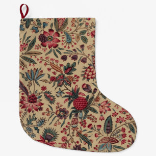 Grande Chaussette De Noël Vintage Broderie Antique Florale Ameublement