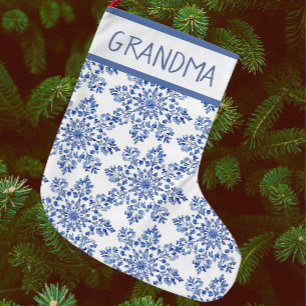 Grande Chaussette De Noël Vintage Chinoiserie Blue White Snowflakes