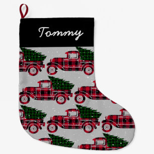 Grande Chaussette De Noël Vintage Red Truck Russe Buffalo Plaid Nom de l'ajo
