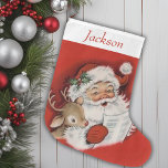 Grande Chaussette De Noël Vintage Retro Père Noël Et Reindeer Personnalisé<br><div class="desc">Ce rétro Vintage de Père Noël et de Reindeer personnalisé, alliant nostalgie et charme, apporte une touche d'esprit de vacances classique à votre décor festif. Ce bas présente une illustration délicieuse et démodée du Père Noël et de son renne fidèle, qui rappelle les souvenirs d'enfance chéris. Les couleurs vives et...</div>