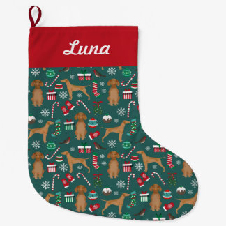 Grande Chaussette De Noël Vizsla Noël Chiens Festif Vert Rouge Manche Nom