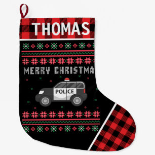 Grande Chaussette De Noël Voiture de police laide Sweat de Noël Rouge Plaid