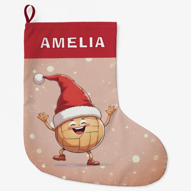 Grande Chaussette De Noël Volleyball Ball Red Santa Hat Name (Devant)