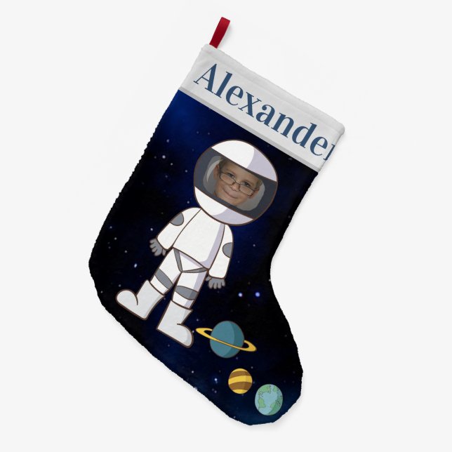 Grande Chaussette De Noël Votre nom et photo Astronaut Espace extra-atmosphé (Devant (Accrochage))