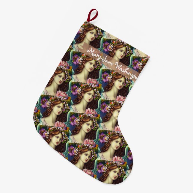 Grande Chaussette De Noël Wavy brown hair young lady flowers Believer custom (Devant (Accrochage))