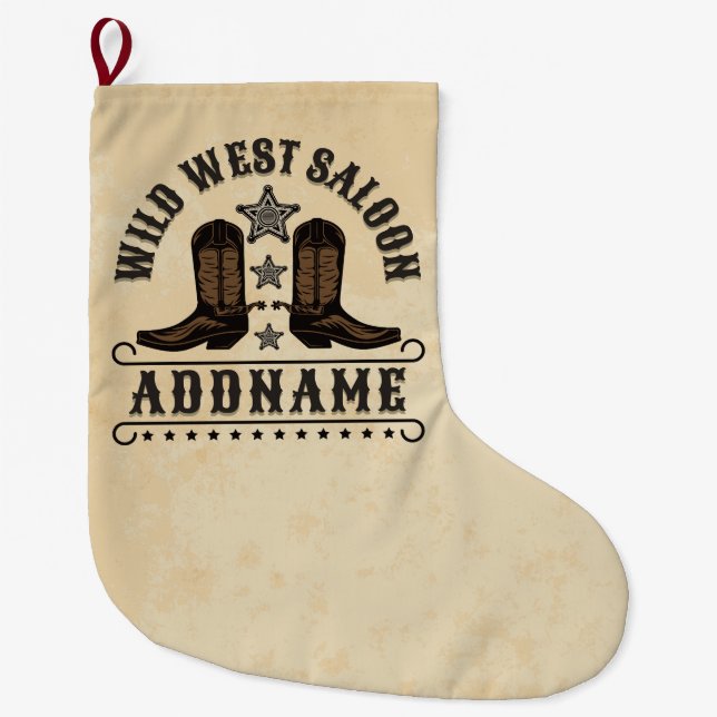 Grande Chaussette De Noël Western Cowboy Boots AJOUTER LE NOM Sheriff Spurs  (Devant)