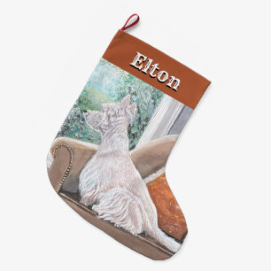 Grande Chaussette De Noël Westie regardant par une fenêtre