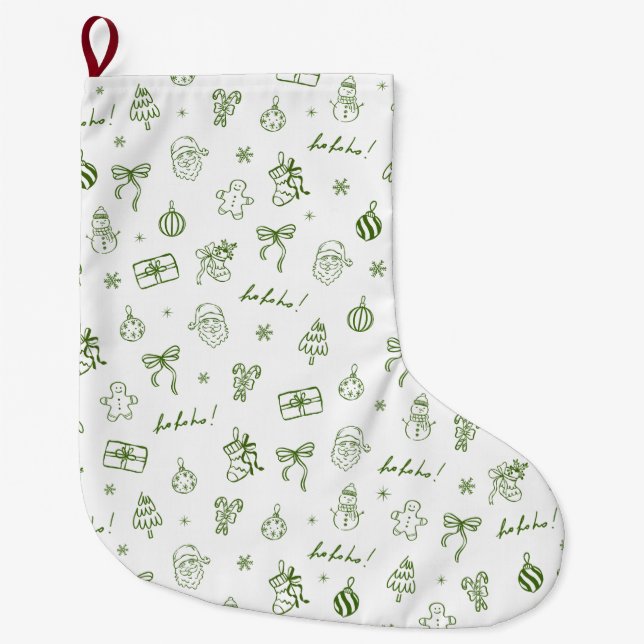 Grande Chaussette De Noël Whimsical Hand Drawn Doodle Green (Devant)