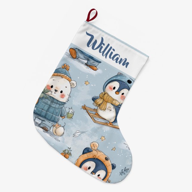 Grande Chaussette De Noël Whimsical Snowy Pattern | Christmas Stocking  (Devant (Accrochage))