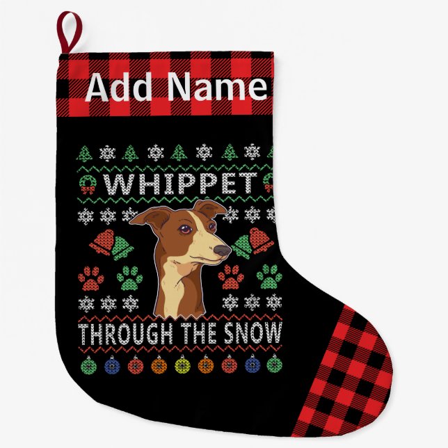Grande Chaussette De Noël Whippet à travers la neige moche Noël rouge Plaid (Devant)