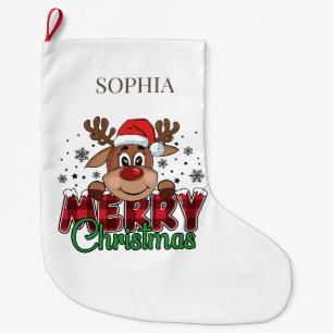 Grande Chaussette De Noël White Joyer Noël Reindeer Nom personnalisé