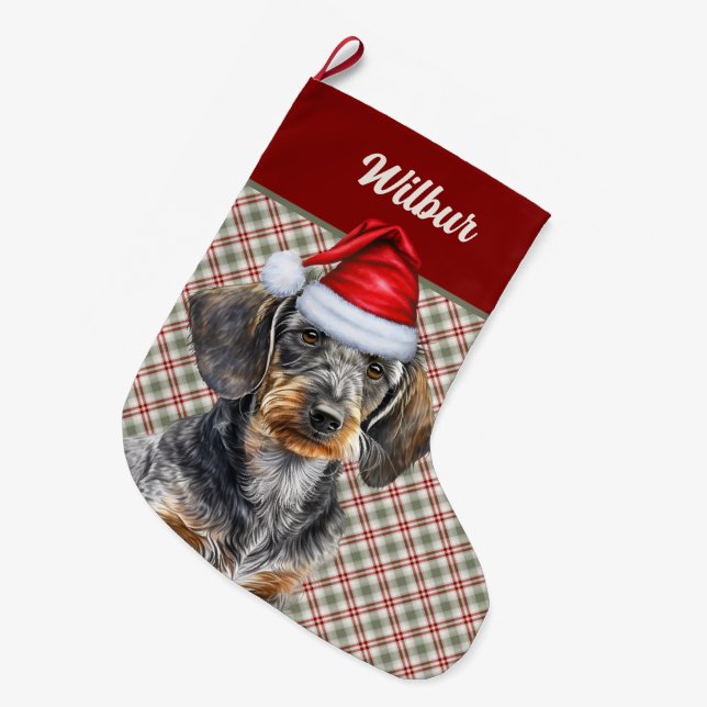 Grande Chaussette De Noël Wirehair Dachshund Dog Holiday Plaid Personalized (Devant (Accrochage))