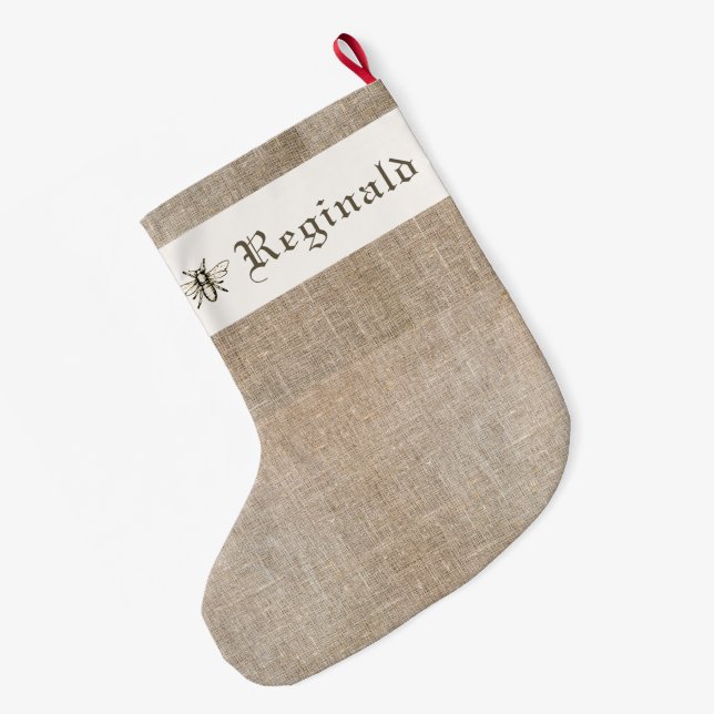 Grande Chaussette De Noël Xmas médiéval 'Linen' Stocker avec l'abeille héral (Dos (Accrochage))