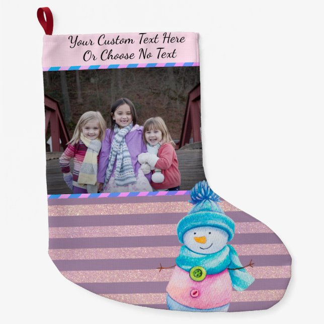 Grande Chaussette De Noël YourPic/Text Rose violet Rose Gold Stripes Snowman (Devant)