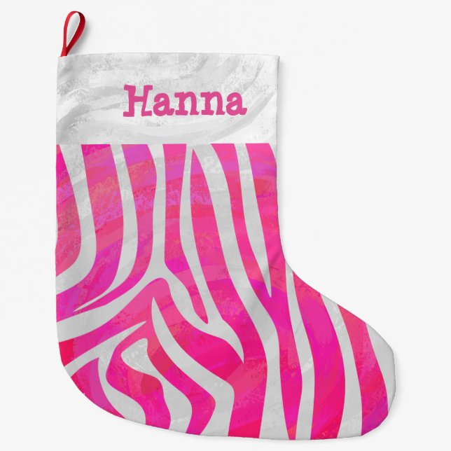 Grande Chaussette De Noël Zebra Hot rose et blanc (Devant)
