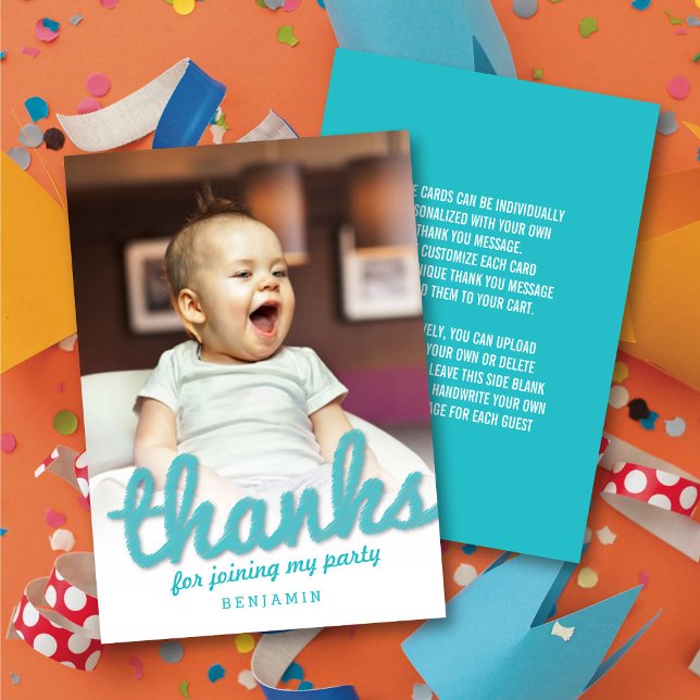 Grande esquisse Merci Écriture en gras Photo d'ann (Big Sketch Blue 'Thanks' Bold Script Kid's Birthday Photo Thank You Note Card @zazzle.com/fat_fa_tin)