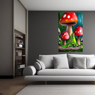Grande forêt de champignons rouges AI Art Poster