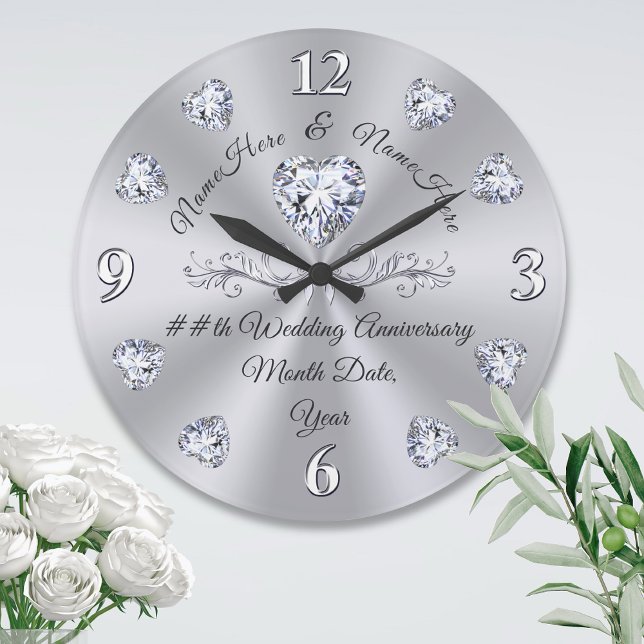 Grande Horloge Ronde 10e, 75e, 60e anniversaire de diamant Cadeaux,  (10 year anniversary gift for wife. Diamond anniversary clock. 10th anniversary gift for couple.)