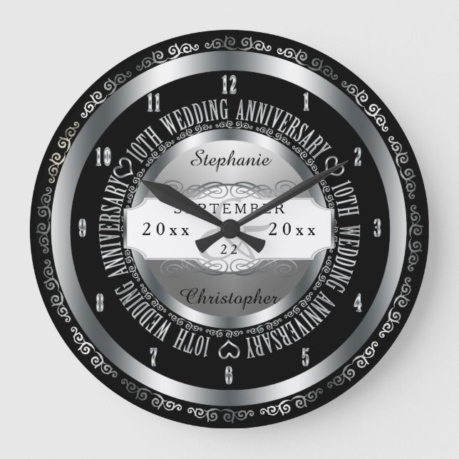 Grande Horloge Ronde 10e anniversaire Mariage élégant, noir et argent (Recto)