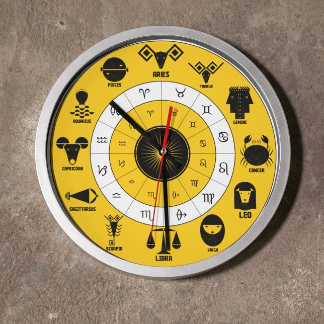 Grande Horloge Ronde 12 Indian Vedic Signs on Yellow Geometric Design (Where Tradition Meets Every Hour.)