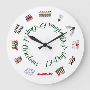 Grande Horloge Ronde 12 jours de Noël dans un cercle de rouge et de ve
