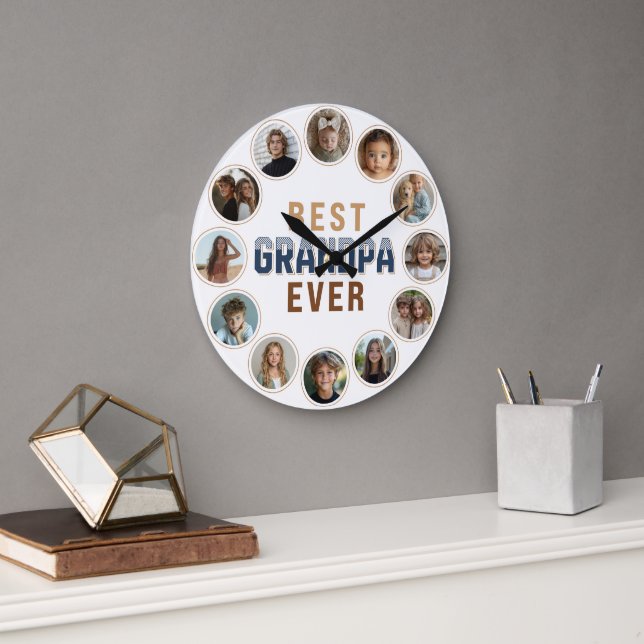Grande Horloge Ronde 12 Photo Collage Best Grandpa Ever (Bureau)