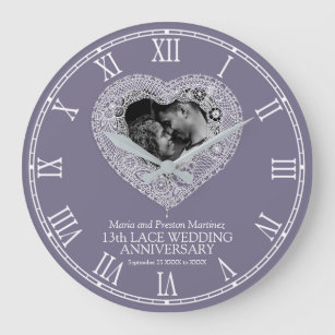 Grande Horloge Ronde 13e anniversaire mariage dentelle coeur gris