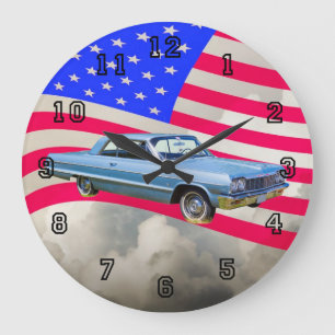 Grande Horloge Ronde 1964 Chevrolet Impala Car And American Flag